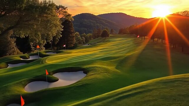 A stunning golf course with the sun setting over the horizon, casting a warm glow on the green landscape. The course is perfectly manicured, with rolling hills, trees, and sand traps