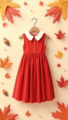 Red Pleated Girl’s Dress on Hanger with Autumn Leaves Paper Art Style