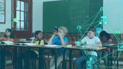 Teacher entering classroom pointing chalkboard then handing worksheets while overlay animating - Powered by Adobe