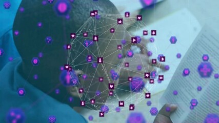 Pointing at book text, boy and girl reading and summoning pulsing icon network for education - Powered by Adobe