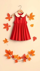 Red Pleated Girl’s Dress on Hanger with Autumn Leaves Paper Art Style