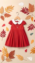 Red Pleated Girl’s Dress on Hanger with Autumn Leaves Paper Art Style