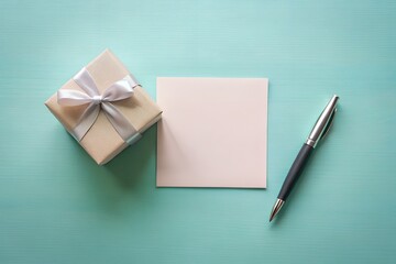 Card Mockup with Small Gift Box and Centered Pen