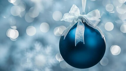 Festive blue Christmas ornament with an elegant silver ribbon, displayed against a soft, bokeh-lit background, evoking a joyful holiday atmosphere. - Powered by Adobe