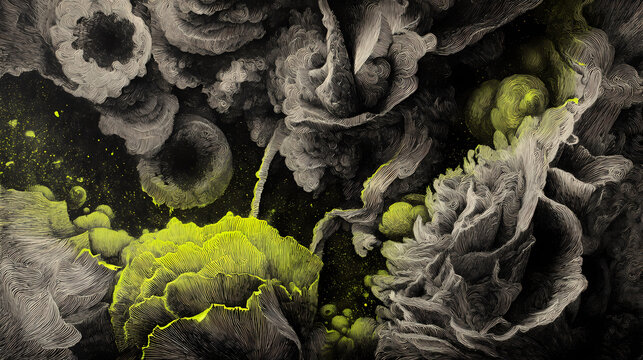 visual guide for inner symbolism | metaphysical battle | esoteric tension | charcoal black with lime highlight | dream erosion | mechanical flora | abstract erosion layers | frottage | subconscious