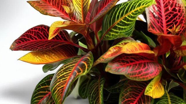 Close-up shot showcasing the vibrant foliage of a colorful prayer plant with striking red and green veins on a white background.