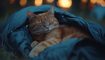 Ginger cat sleeps in sleeping bag outdoors