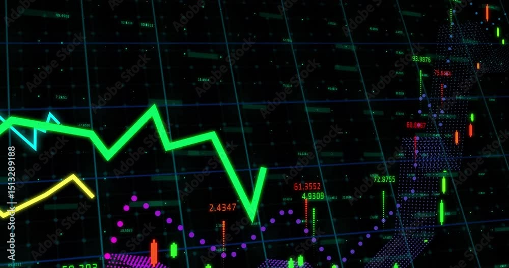 Poster dark grid filling frame initiating neon lines sliding in and building multi series trading chart