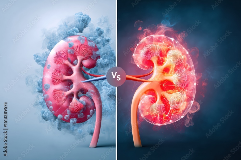 Poster Comparison Chart Highlighting Differences Between a Healthy Kidney and a Damaged Kidney With Soft Center Layout Design