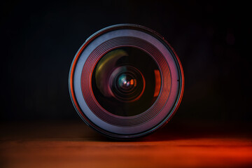 Close-Up of Camera Lens Highlighting Reflections on Black and Orange Background