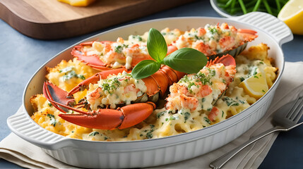 Gourmet lobster thermidor dish with cheesy topping for spring dining and entertaining
