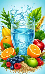 Glass of water infused with fresh leaves and surrounded by apples, citrus, and berries. Excellent for illustrating clean eating, wellness, and hydration.