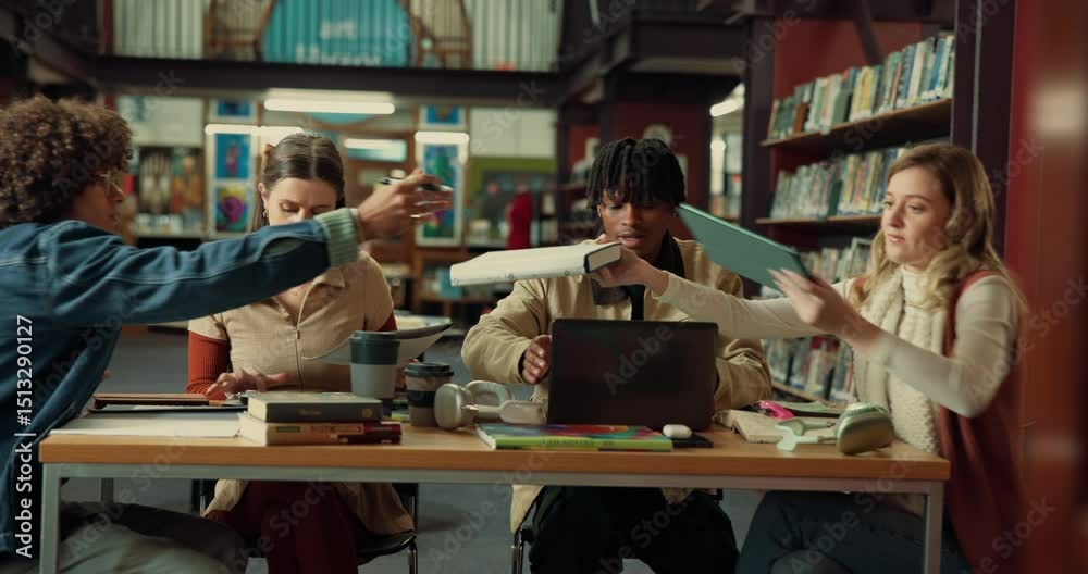 Poster People, students or studying in library with group for learning, education or project at university. Academic, friends or team sharing information with documents or books for assignment at college