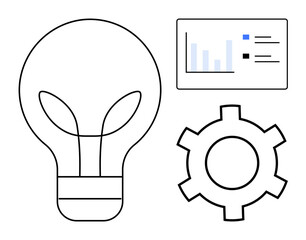Light bulb as idea, gear symbolizing process, and data chart implying analysis. Ideal for innovation, creativity, business process, planning, strategy, analytics simple landing page