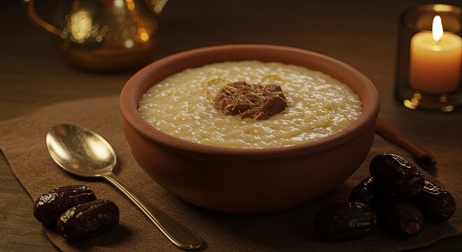 Bahraini harees creamy wheat and meat porridge with a silver spoon beside dates