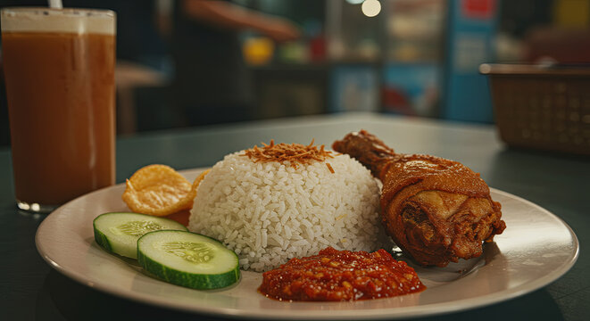 Bruneian nasi katok with spicy sambal and crispy chicken