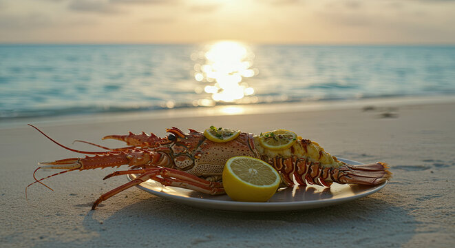 Comorian langouste grilled lobster with lemon and vanilla beside azure waters