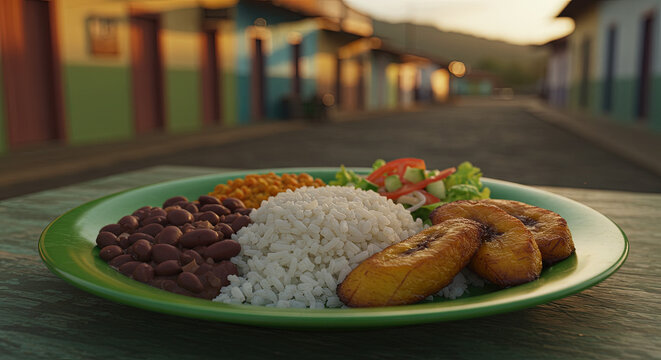  Costa Rican casado with rice, beans, plantains, and salad on a vibrant plate