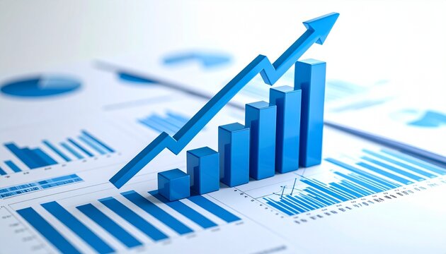 3D bar graphs gradually rising and arranged over various forms of statistical reports and charts spread across a white background