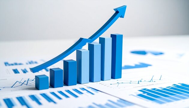 3D bar graphs gradually rising and arranged over various forms of statistical reports and charts spread across a white background