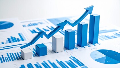 3D bar graphs gradually rising and arranged over various forms of statistical reports and charts spread across a white background