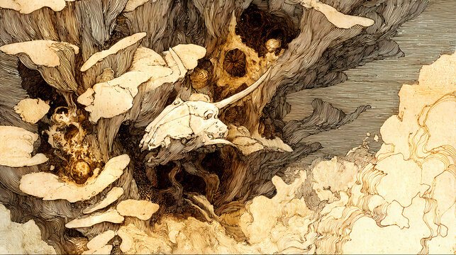 illustration for exhibition of mythic surrealism | mechanized nature | dreamlike menace | sepia stained earth tones | organic visual chaos | primordial hybrids | abstract erosion layers | frottage |