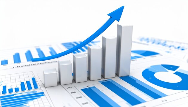 3D bar graphs gradually rising and arranged over various forms of statistical reports and charts spread across a white background