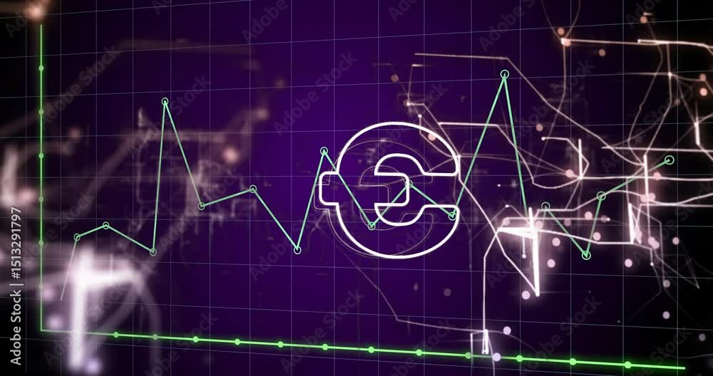 Poster animating line chart with euro symbol emerging while tracing nodes and visualizing market network