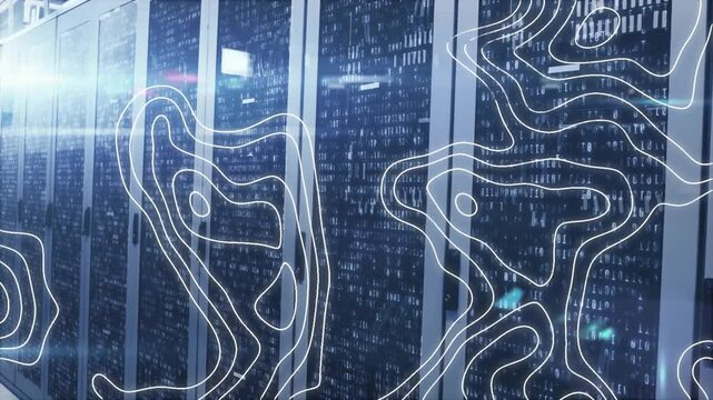 Projecting shifting topographic lines over server racks pulsing and visualizing real time data flow