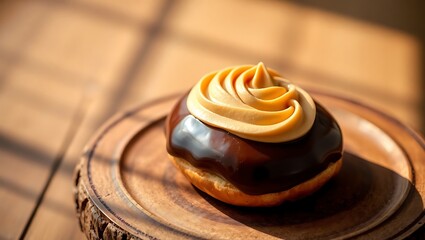 Delicious chocolate frosted donut with caramel icing dessert food photography image sweet treat indulgence