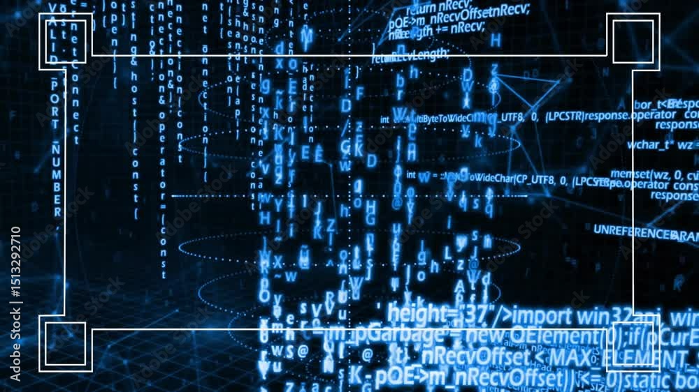 Aufkleber grid activating descending code stream stacking rotating rings and floating nodes visualizing data