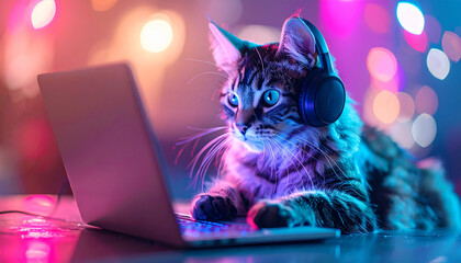 cat using laptop in dark room, neon light, AI Generated