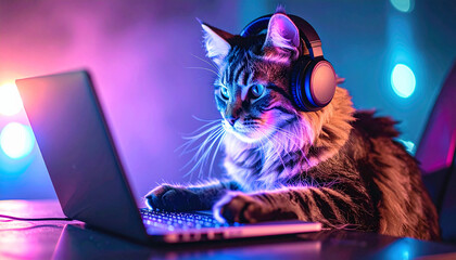 cat using laptop in dark room, neon light, AI Generated