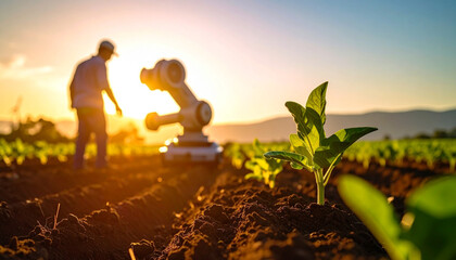 automatic robot arm harvesting plant in field against sunset, AI Generated