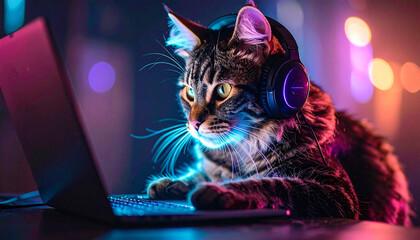 cat using laptop in dark room, neon light, AI Generated