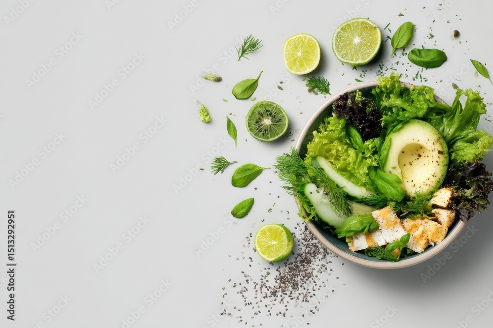 Aufkleber fresh and vibrant healthy ingredients floating around a salad bowl filled with greens and lime on a 