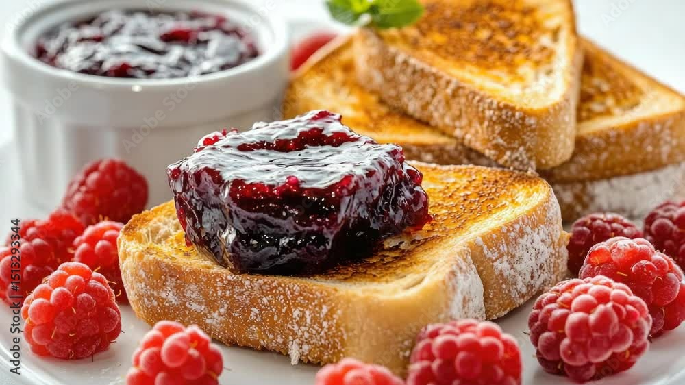 Poster A simple breakfast or snack setup with toast topped with sweet raspberry jam on a clean white plate