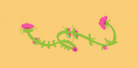 vector illustration of pink flowers and green stems on yellowish background. decoration elements. event poster elements.