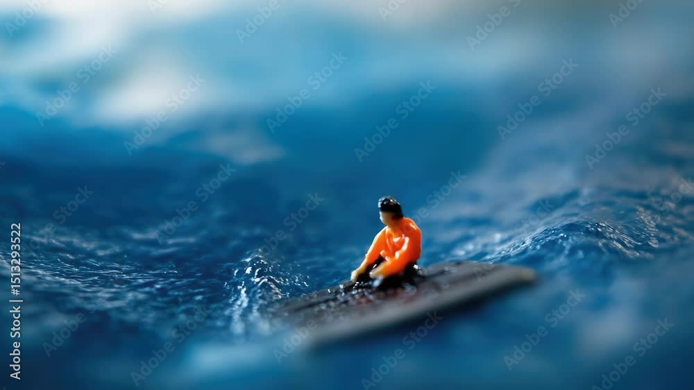 Poster a toy surfer sits on a surfboard floating in the ocean, perfect for beach-themed illustrations and d