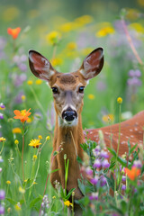 Captured in a soft focus, a spotted young deer stands amidst a vibrant meadow filled with wildflowers. The animal gazes directly at the viewer with a calm, curious expression.