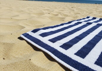 Striped beach towel on sand near the ocean