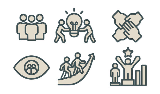 Outline with Fill icon set for teamwork visuals: group icon, joined effort, unity hands, puzzle fit, shared vision, cooperative path, team success, people chart.