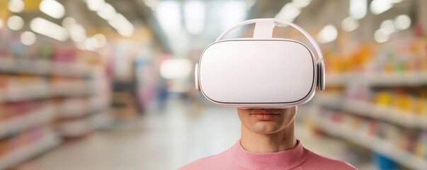 economy consumption strategy concept. A person wearing a VR headset in a vibrant, modern environment.