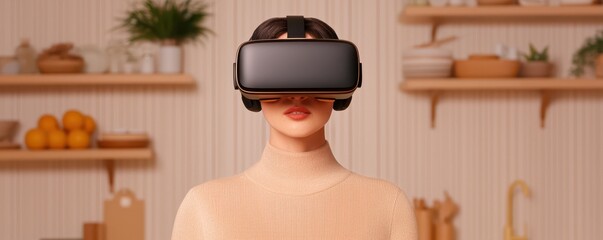 economy consumption strategy concept. A person wearing a virtual reality headset in a modern kitchen setting.