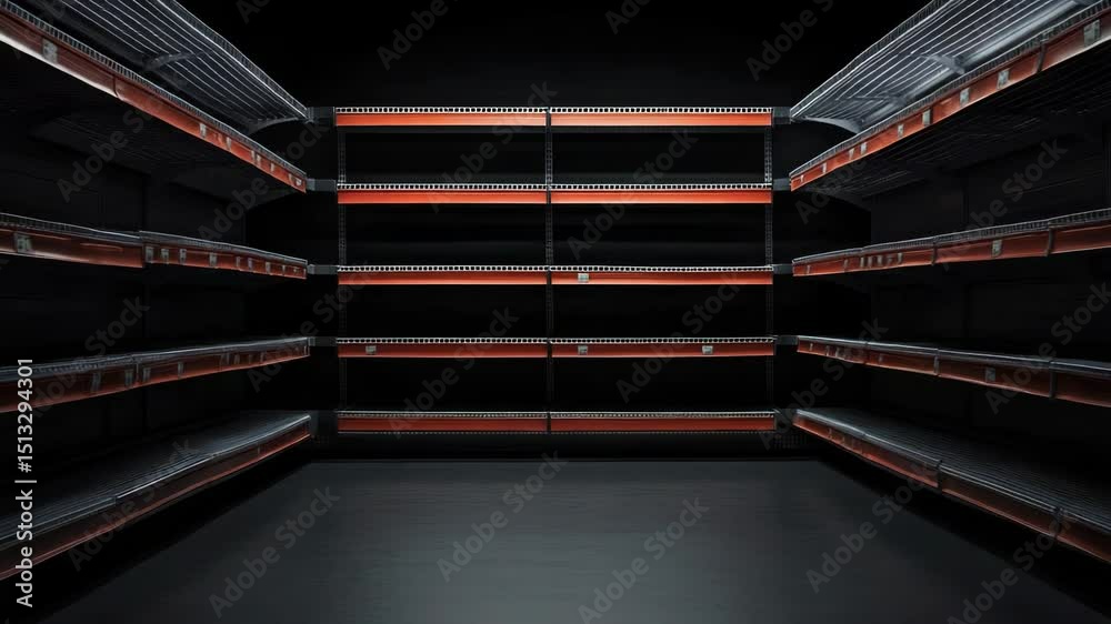 Poster Store with empty shelves and red lights, suitable for use as a background or to convey a sense of scarcity