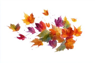 Colorful autumn leaves falling serenely against a white background.