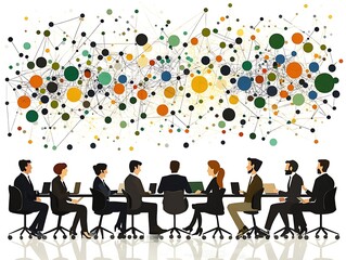 Diverse group in a meeting, connected by a network