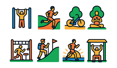Naklejka premium Flat vector icons of outdoor fitness: park workout bar, running trail, cycling path, nature yoga, outdoor bootcamp, hiking hill, sunrise jog, open-air gym.