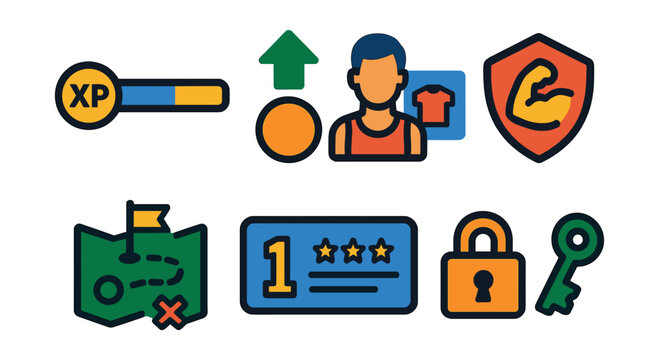 Flat vector icons of fitness gamification: XP bar, level up, avatar customization, challenge badge, fitness quest, leaderboard score, reward screen, unlock item.