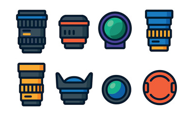 Flat vector icons of camera lenses: zoom lens, prime lens, fisheye lens, macro lens, telephoto lens, wide-angle lens, lens hood, lens cap.